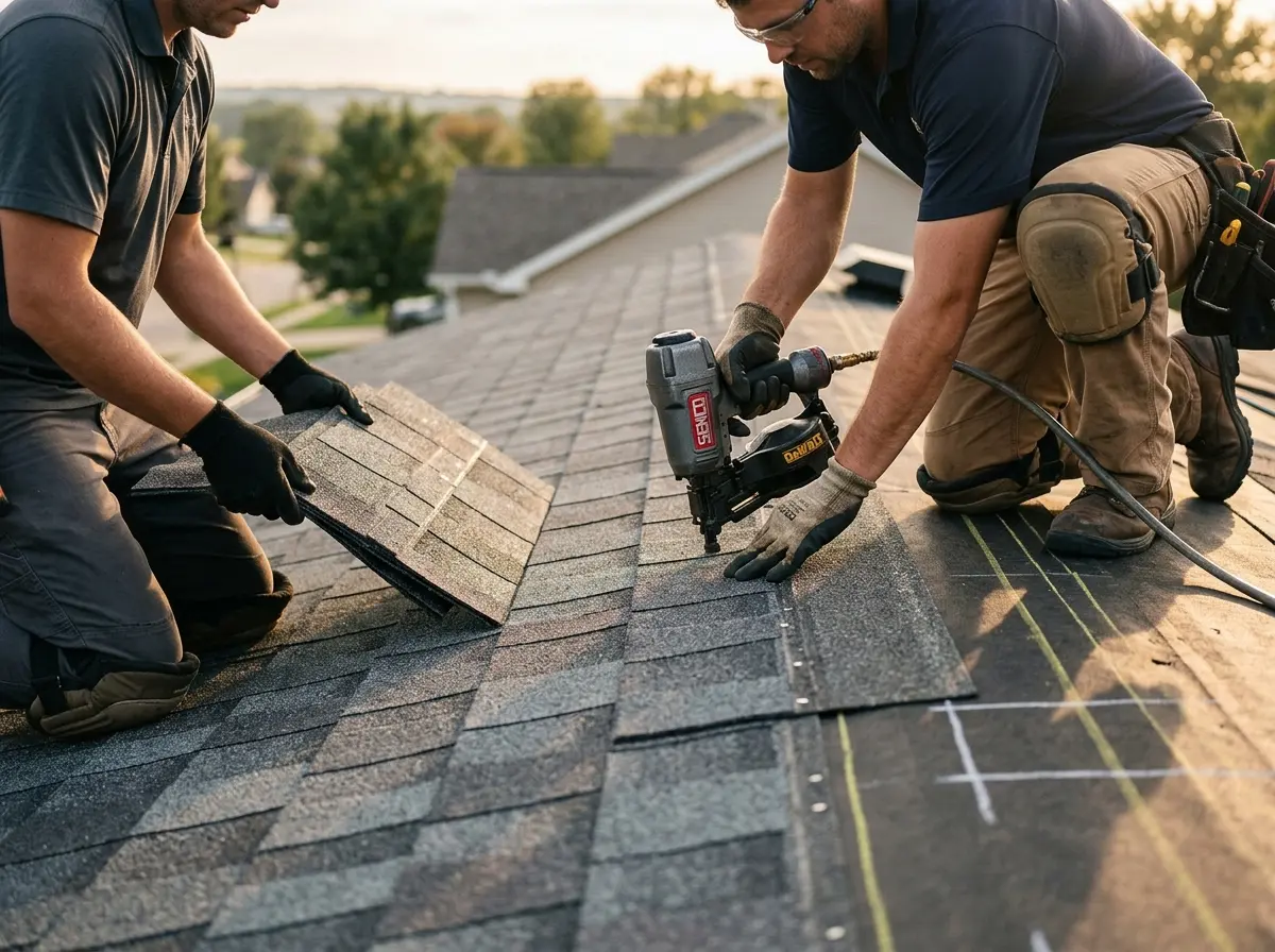 Professional roofer working on a residential roof in Union City